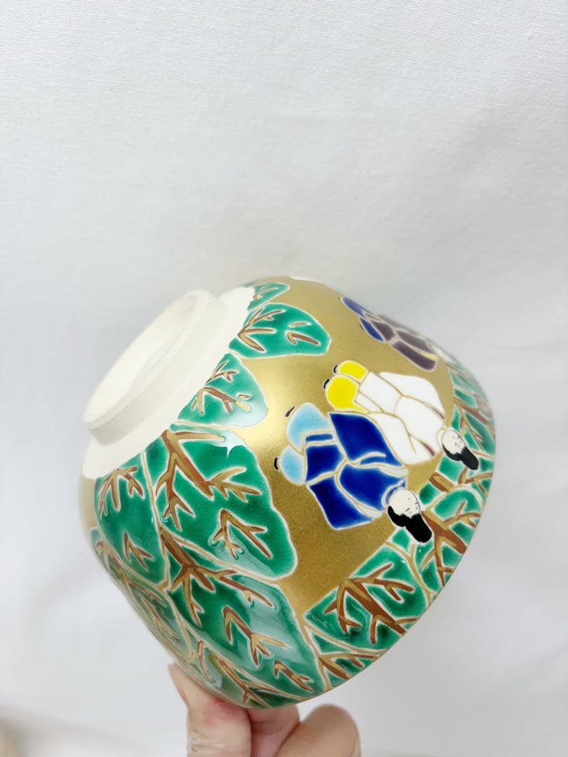 未使用 茶道具 平安御室窯 金彩 毛毬の森絵 茶碗 陶印 共布 共箱 二重箱