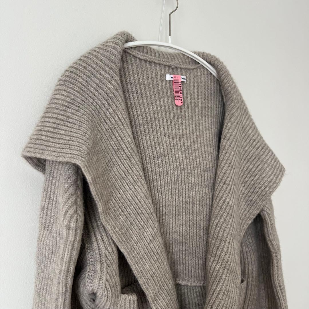 グレー リブ編み フード付きカーディガン