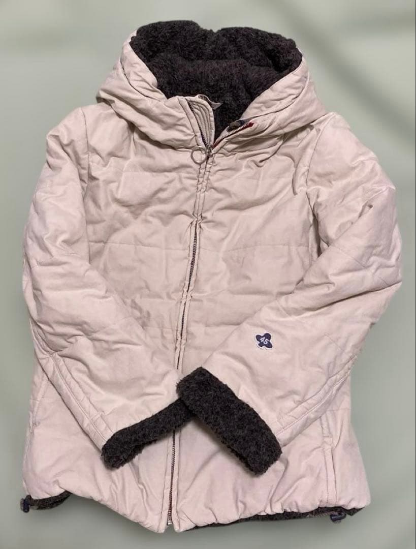 45rpm 日本のブランド　 フード付きコート　 淡いベージュにダークグレーボア