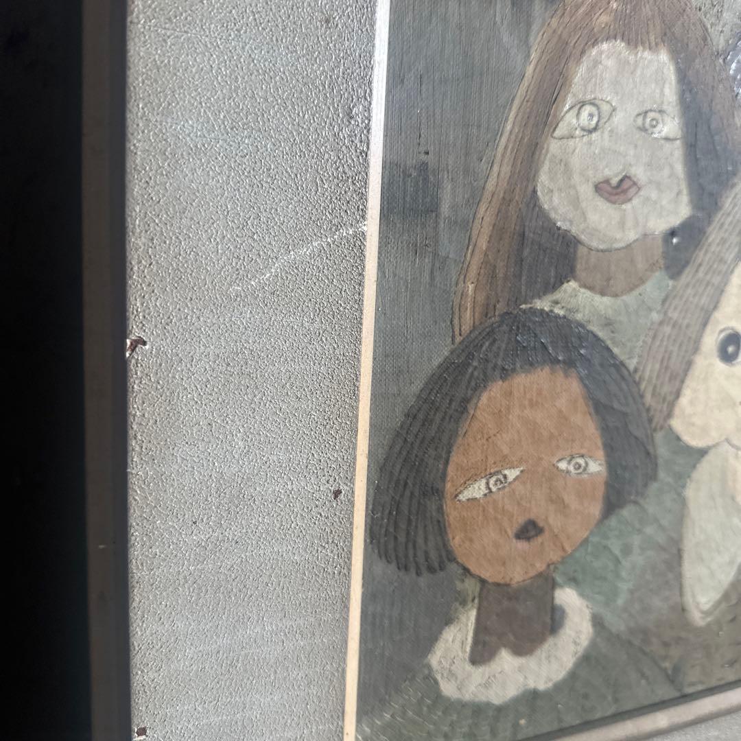 シュールでかわいすぎて驚き❣️ヴィンテージ油彩画 人物画 フレーム付き