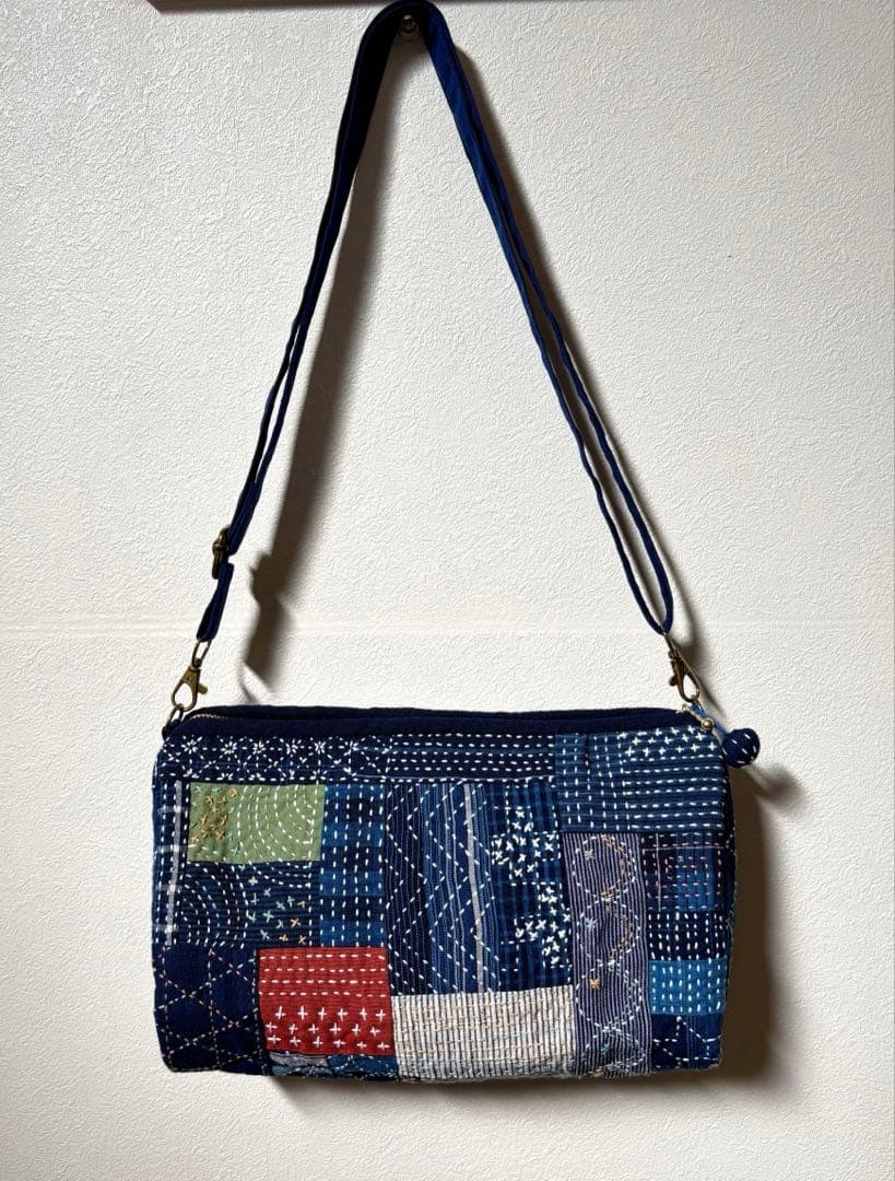 松阪もめん縞模様×刺し子のパッチワークキルト　ハンドメイドショルダーバッグ