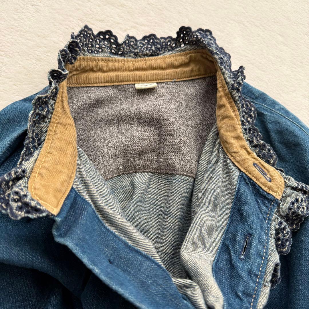 45R デニム インディゴ シャツ カットワークレース スタンドネック フリル襟