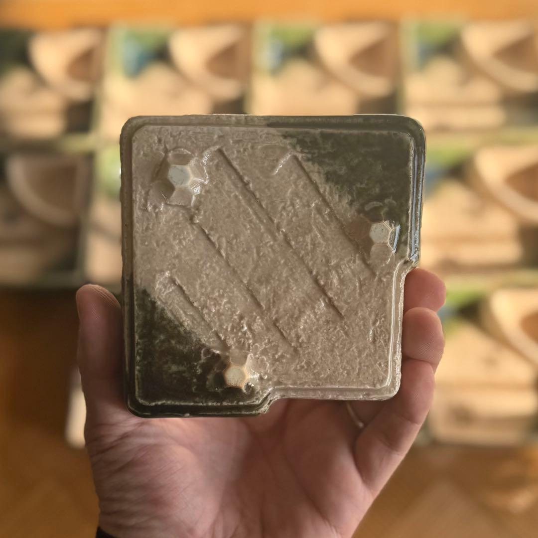 SNT1395 織部焼 伝統工芸品 脚付 変形角皿 向付け 12客 割烹 料亭