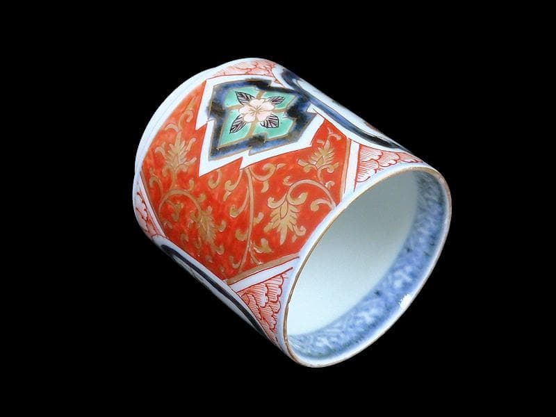 古伊万里　色絵　窓絵　花に金唐草図　のぞき 猪口　D802AS-CYg