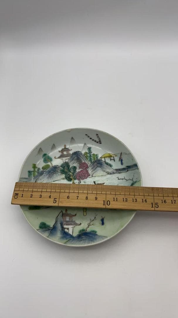 清道光時代 【道光年製】在銘 粉彩山水盤 豫章十景 章江曉渡図　(Y-7)