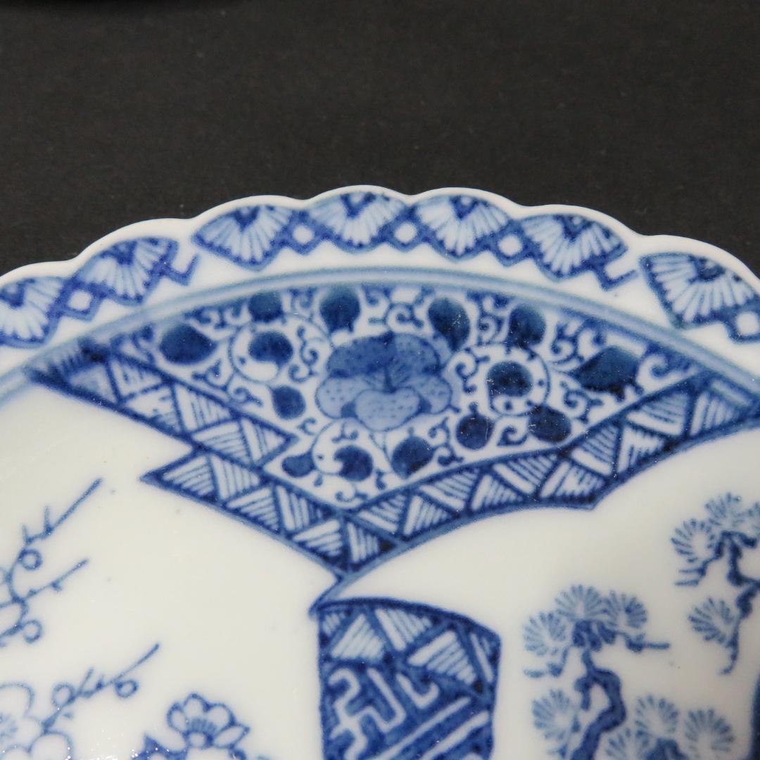 小皿 5枚 松 梅 変わり縁 輪花 印判 染付 明治 大正