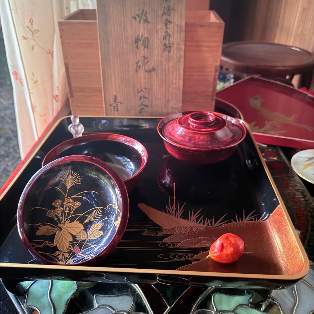 2244様感謝‼️感謝価格‼️超絶JAPAN蒔絵あけぼの❌黒 秋草蒔絵　茶懐石椀5客