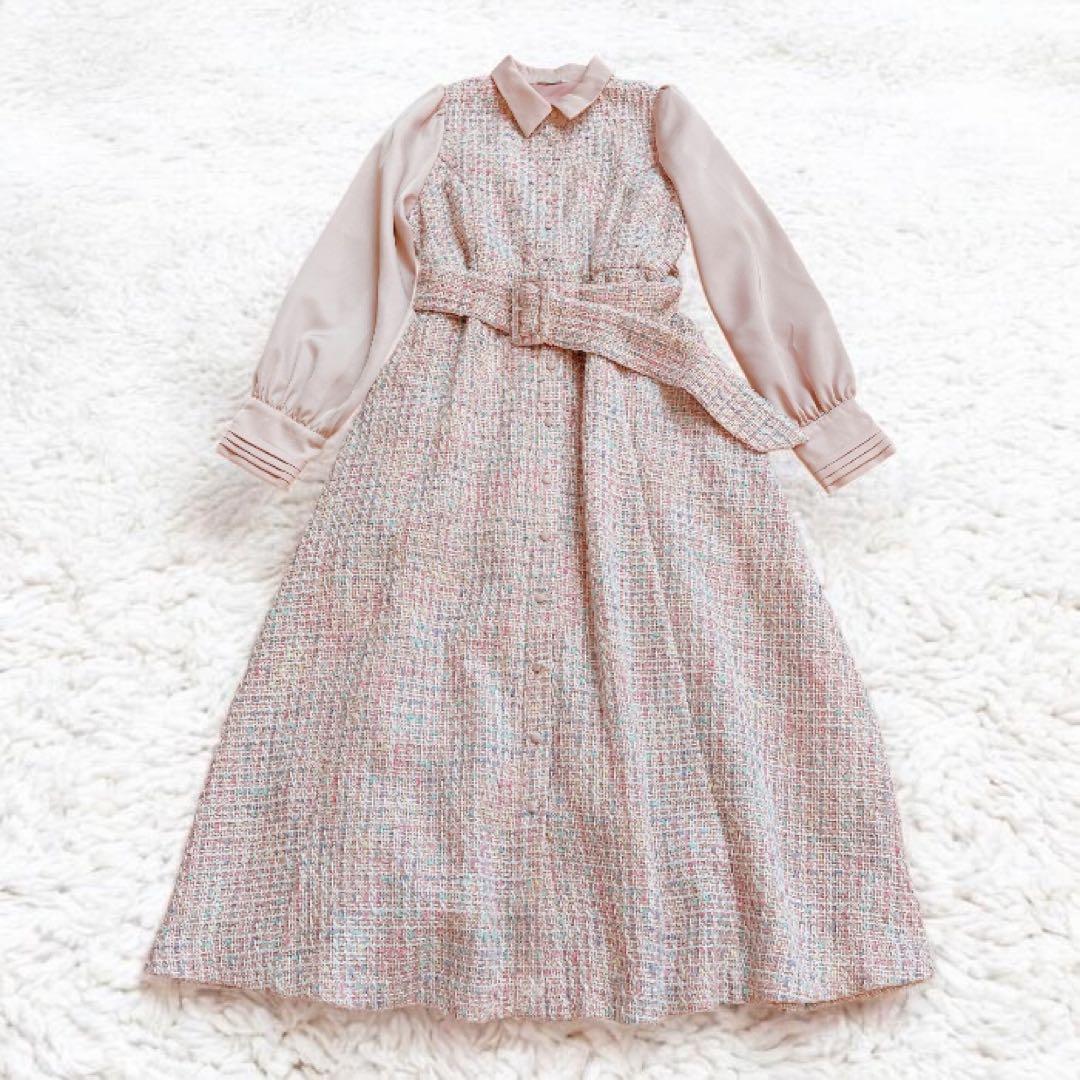 areeam ピンク系ミックスツイード長袖マキシワンピース　異素材　ベルト付き