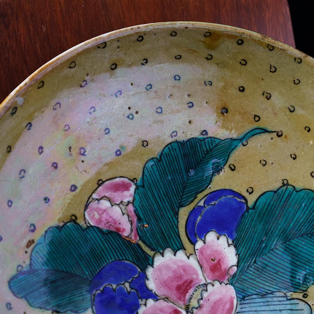 時代年代物 九谷 青手色絵 花の図 七寸 飾皿 直径21㎝ 合せ箱