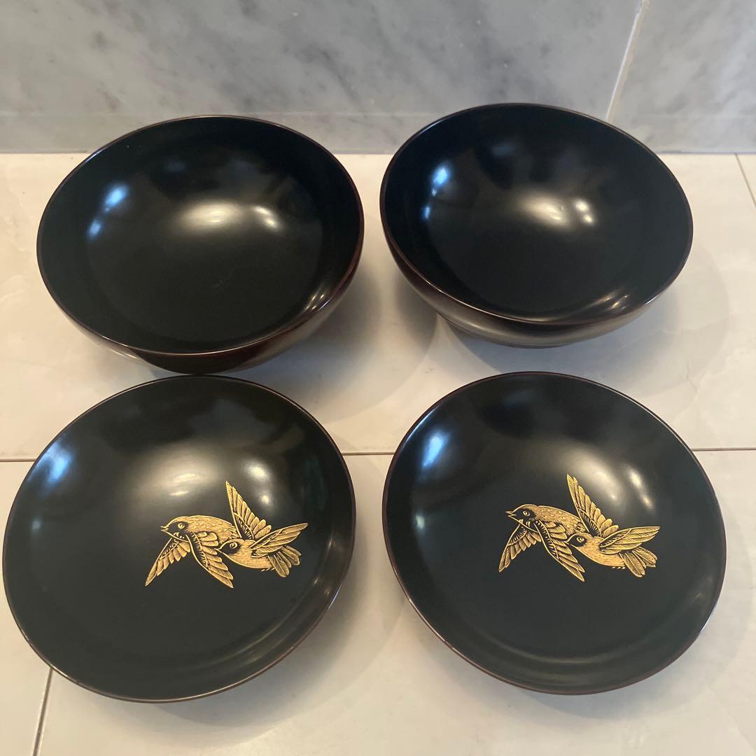 アンティーク大正時代　金彩のスズメや上品な竹が美し過ぎる木製輪島漆塗りお椀2客