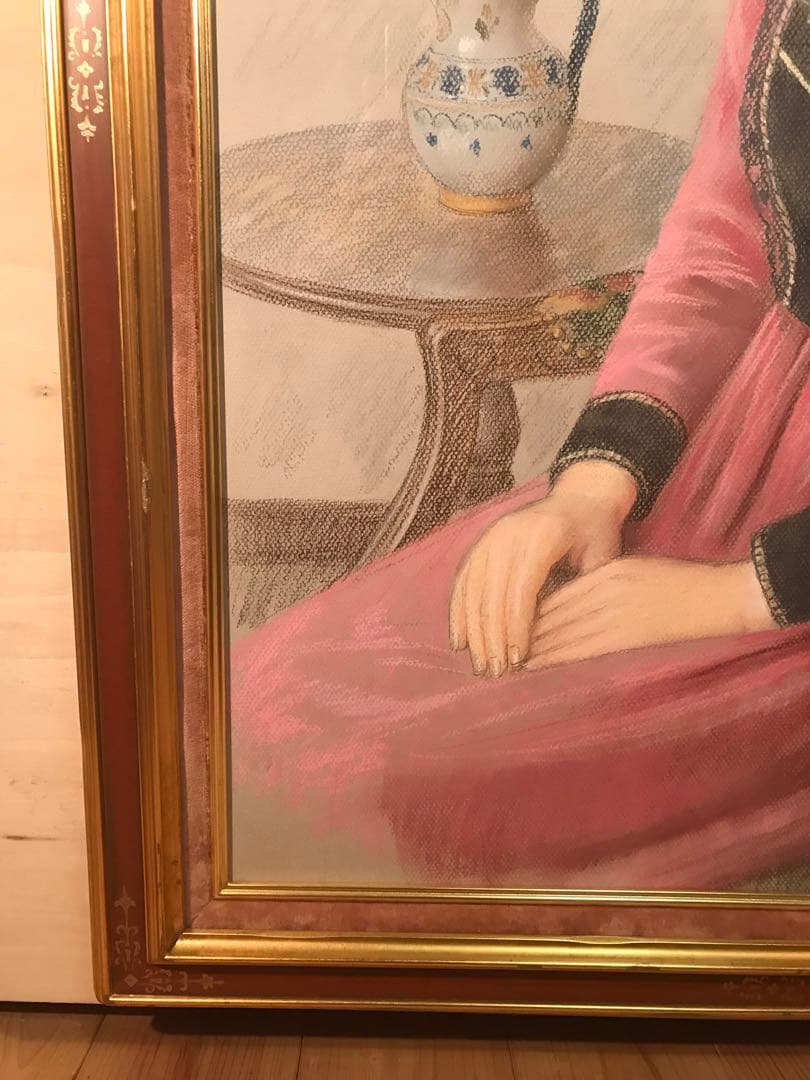 徳田宏行　「赤いドレスの女性」　パステル画２０号　直筆サイン有り