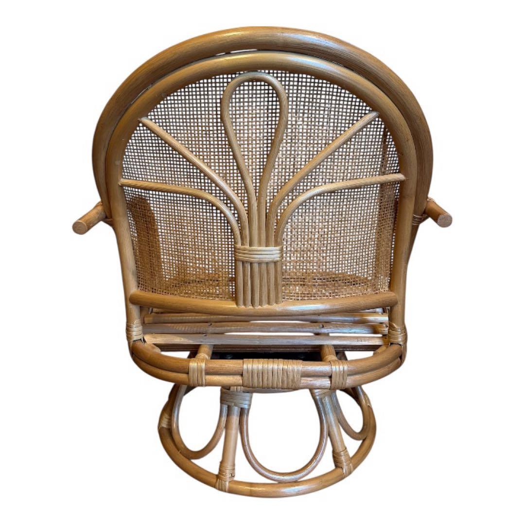 【送料無料】レトロ籐ラタン回転チェア花柄座面美品おしゃれ人気インテリア天然木風調