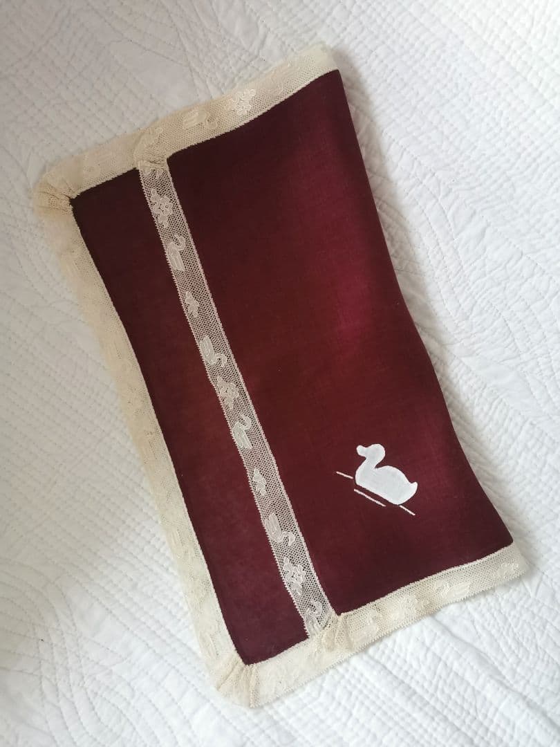 アンティーク 家鴨アップリケ刺繍 繊細な水鳥＆水草花アランソンレース クロス β