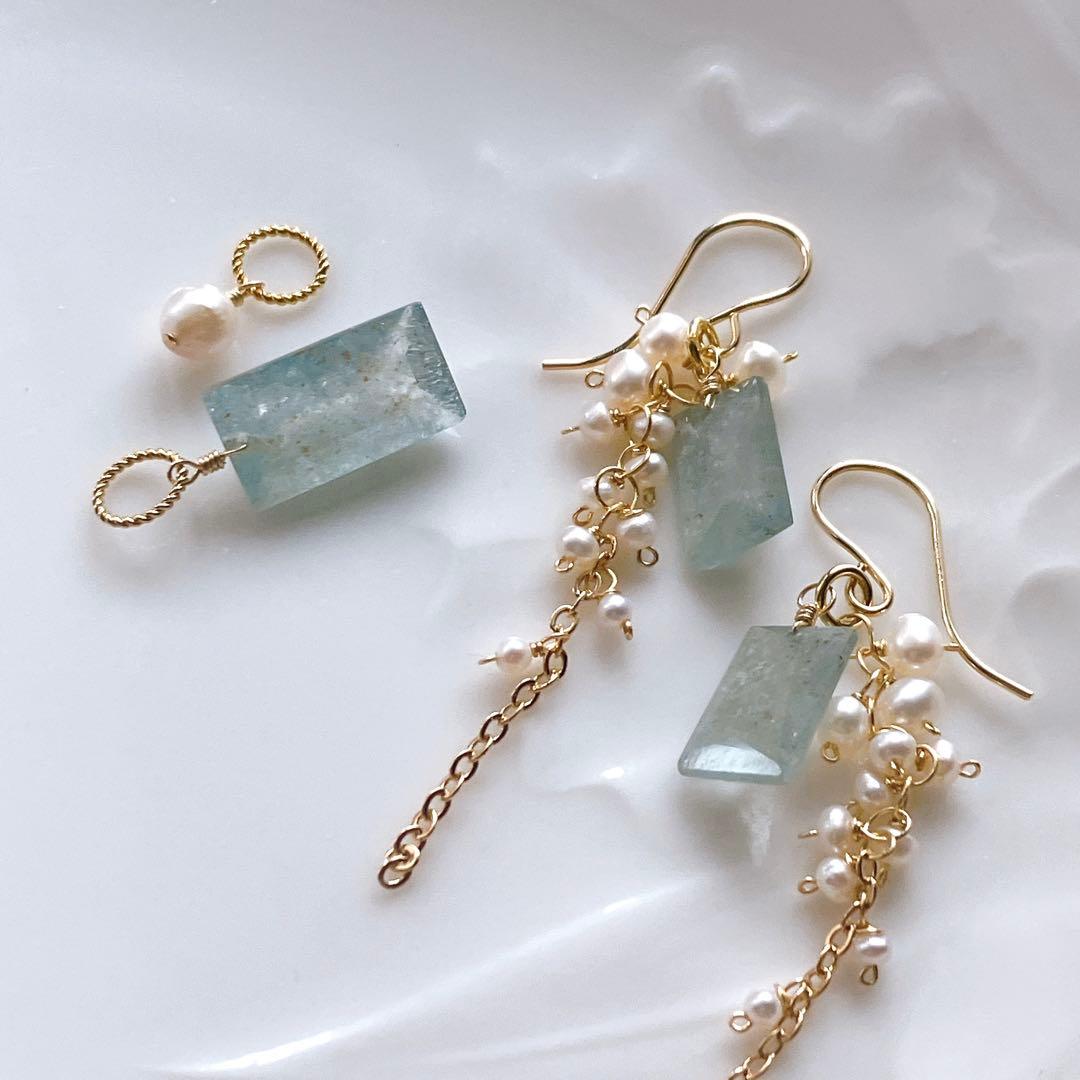 みなみ◆希少石✧シンデレラアクアマリンチャーム&あこや真珠チャーム