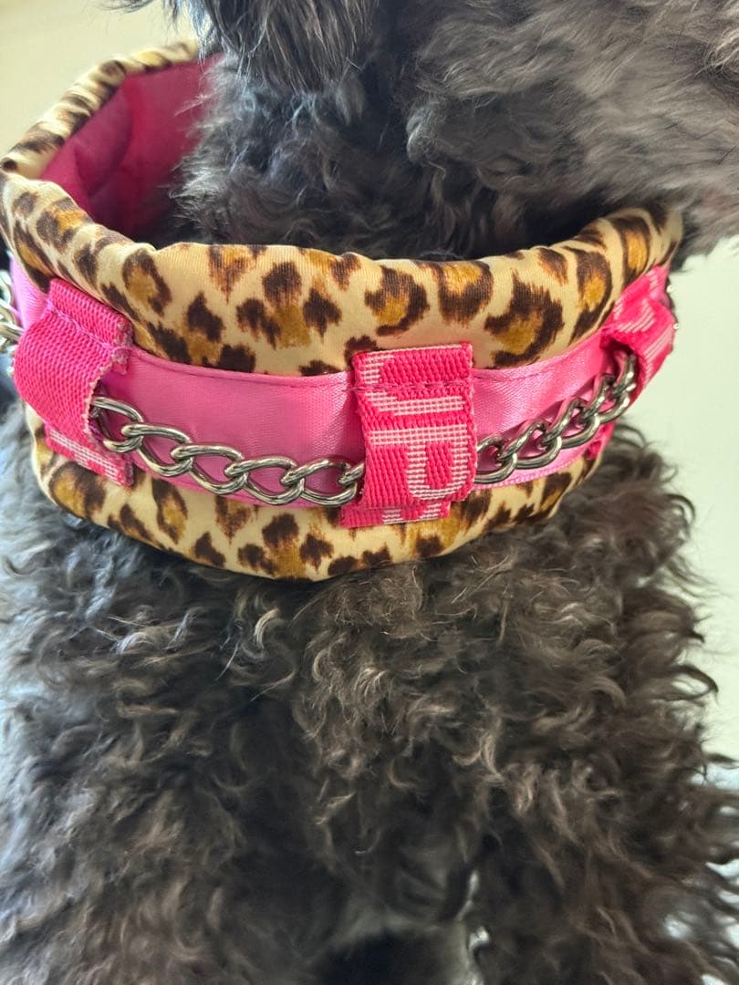 ピンク系 ヒョウ柄首輪 犬用 チェーン付き