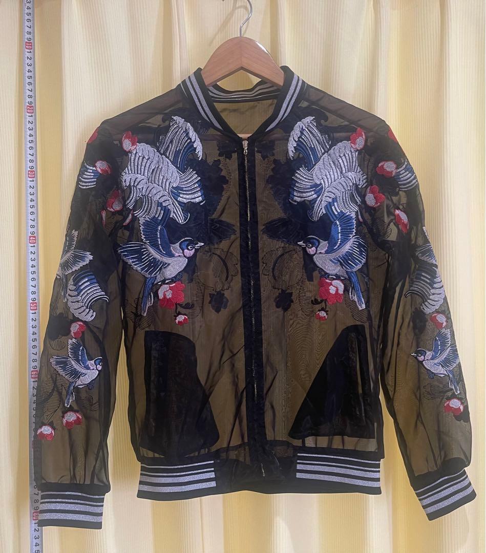 Ochirly(L)透けるスカジャンTATOO柄,春夏軽い,未使用に近い男女兼用