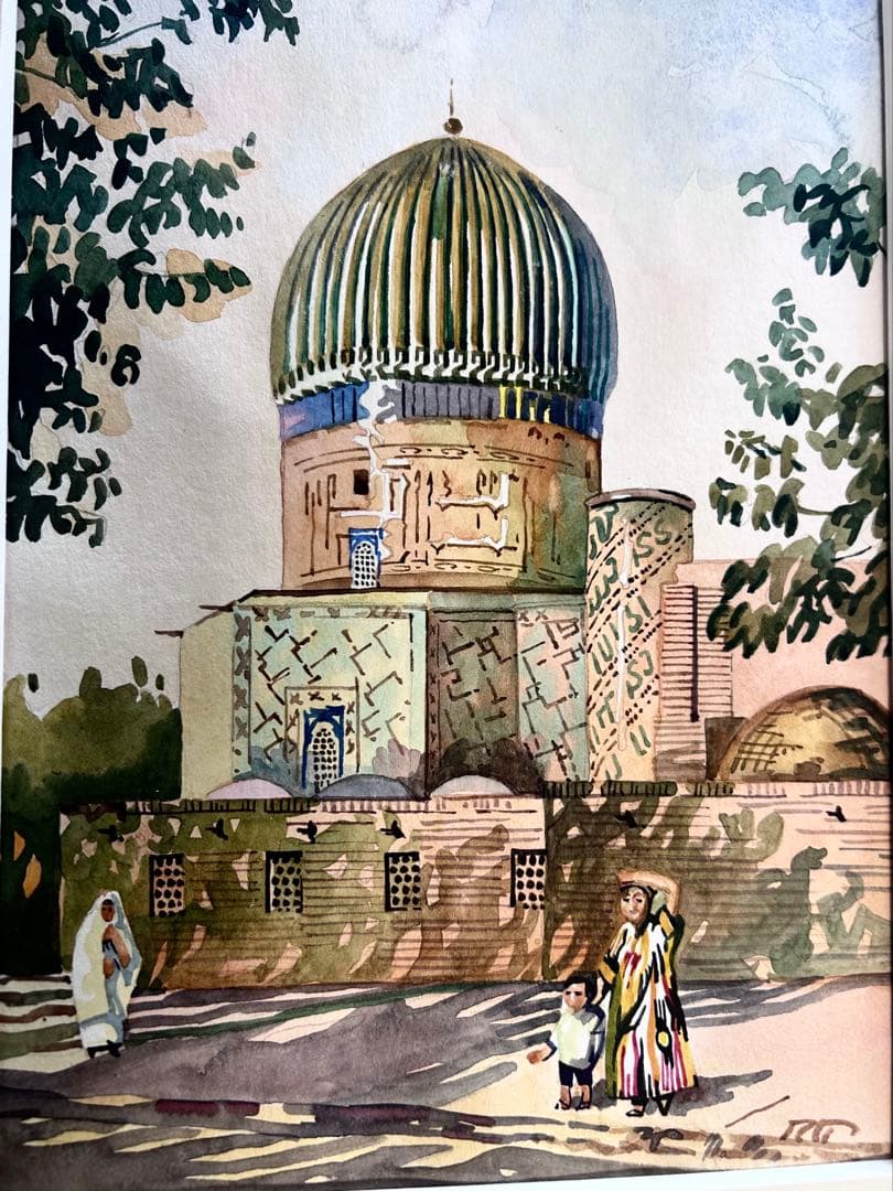 ウズベキスタンのサマルカンド　シャーヒ・ズィンダ廟群　肉筆水彩画　4作　額装