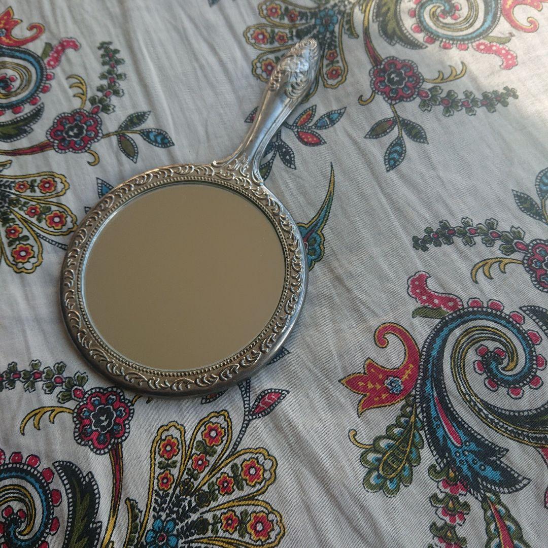 アンティーク 銀メッキ 手鏡 花柄