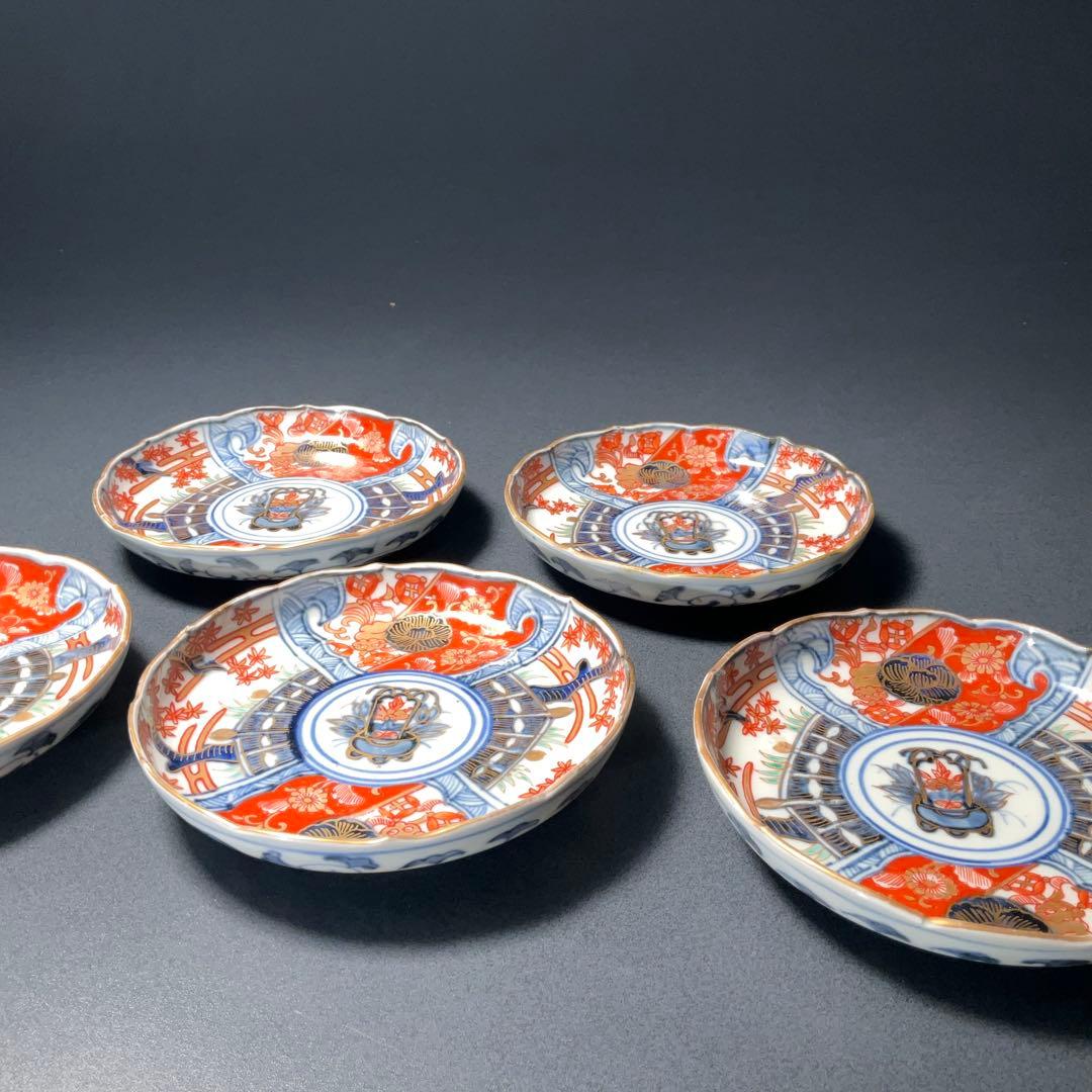 伊万里金襴手 花籠図小皿５枚組　桐箱付　∅11　骨董　古伊万里　R1292お12
