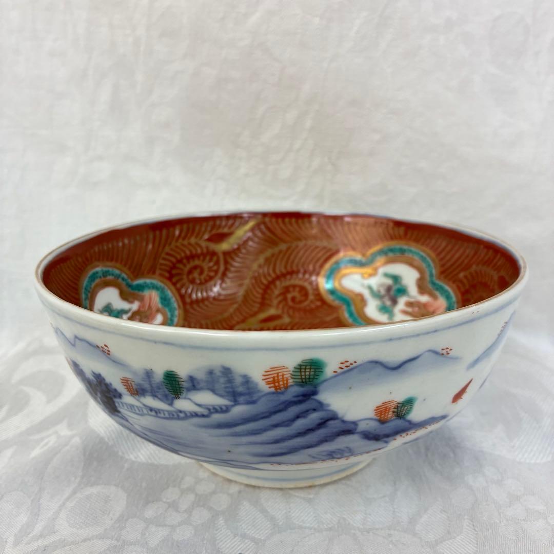古伊万里 中鉢 赤絵 窓絵龍 山水 金彩 骨董品