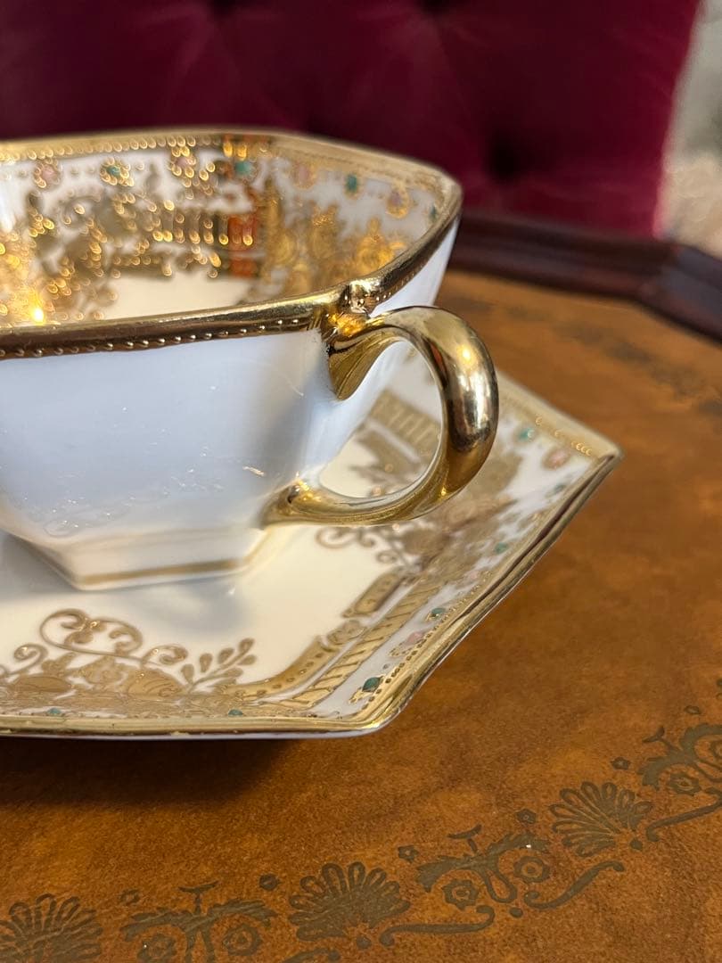 極美品　金盛り　ジュエル　六角形カップソーサー　オールドノリタケ　RCマーク