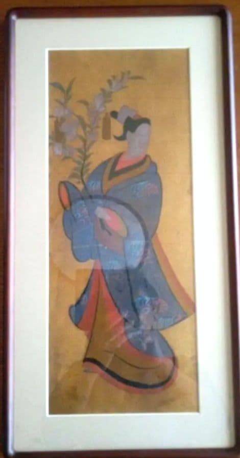 模写大津絵、花を持つ女性、額付き