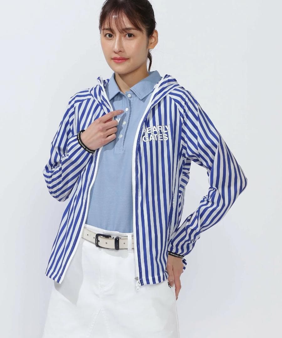 未使用 タグ付き パーリーゲイツ フーディブルゾン ストライプ 2 L ブルー青