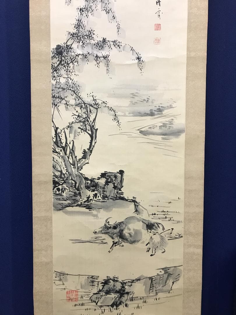 真作/小川清處/春郊牧牛画賛/牛/人物/布袋屋掛軸HB-138