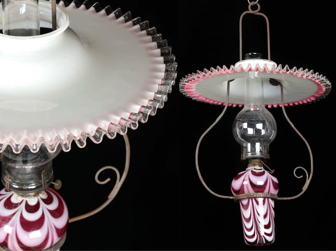 け*ん様 吊りオイルランプ 明治～大正期 乳白ガラス傘 マーブルピンク模様オイル
