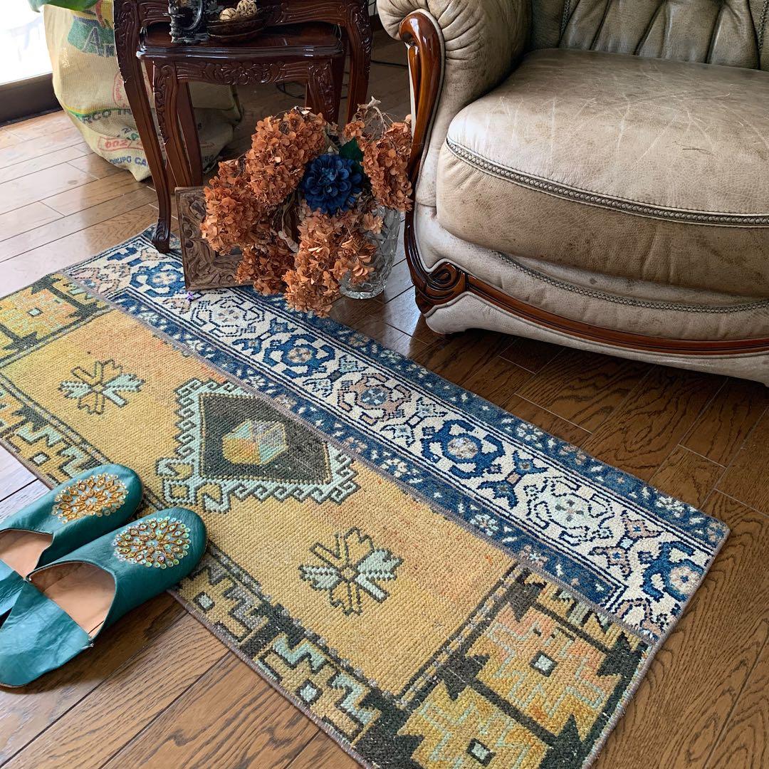 トルコヴィンテージラグ　マスタードイエロー115cm×52cm トルコラグ