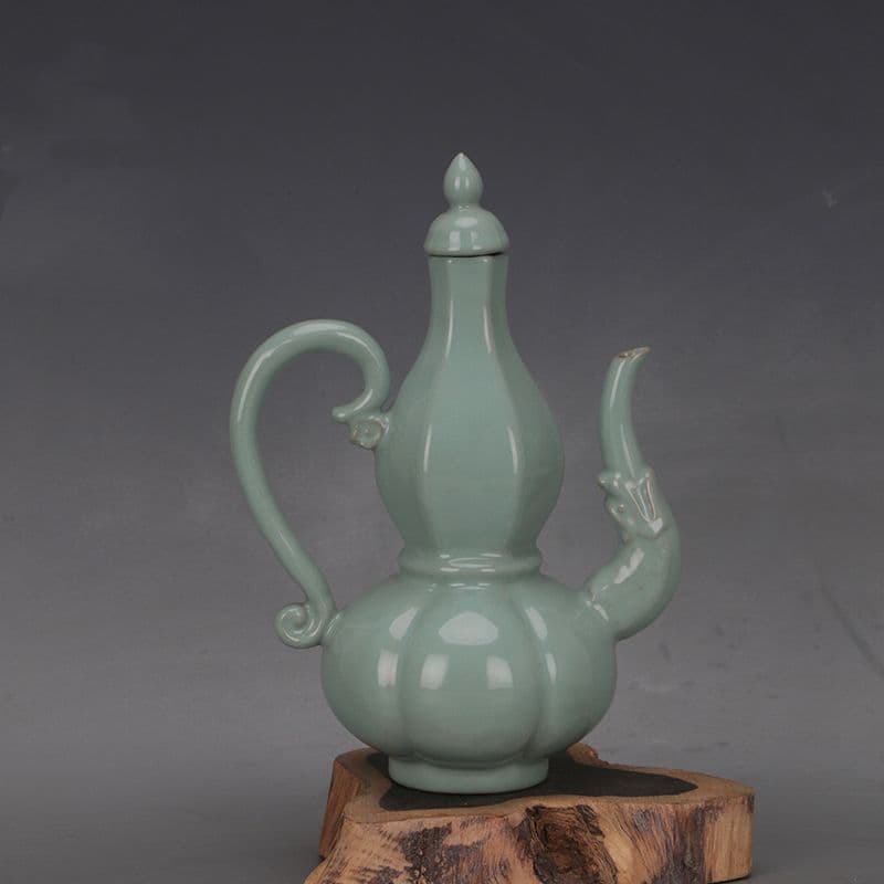 未使用品 宋汝窯青釉竜紋六方瓜稜瓢簞紋長柄執壺套組 工芸品 美術品 置物