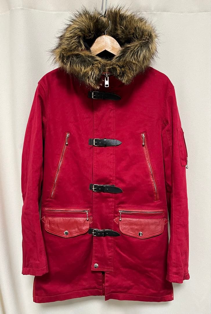 JIMSINN レザーパーツ使用 ベルト ファー付き ダック地 コート 赤 M
