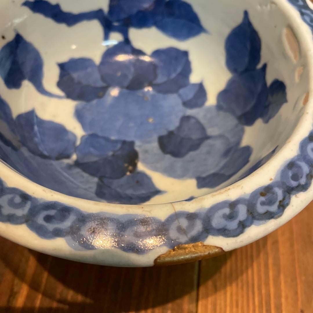 美品　古伊万里　染付の器　江戸時代　肥前　磁器　高杯　金継ぎ　染付の絵柄が上品な