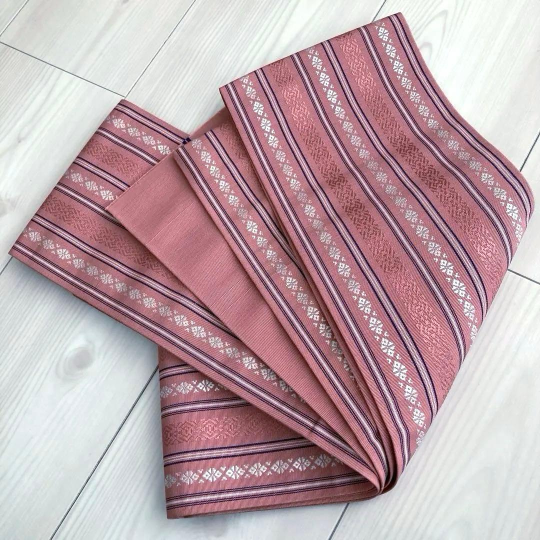 本場筑前博多織　半幅帯　縞模様　正絹　ピンクベージュ　No.7-22