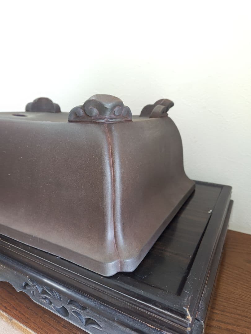 陶器製長方形盆栽鉢 ブラウン 約47cm×36cm×19.5cm　落款　太山
