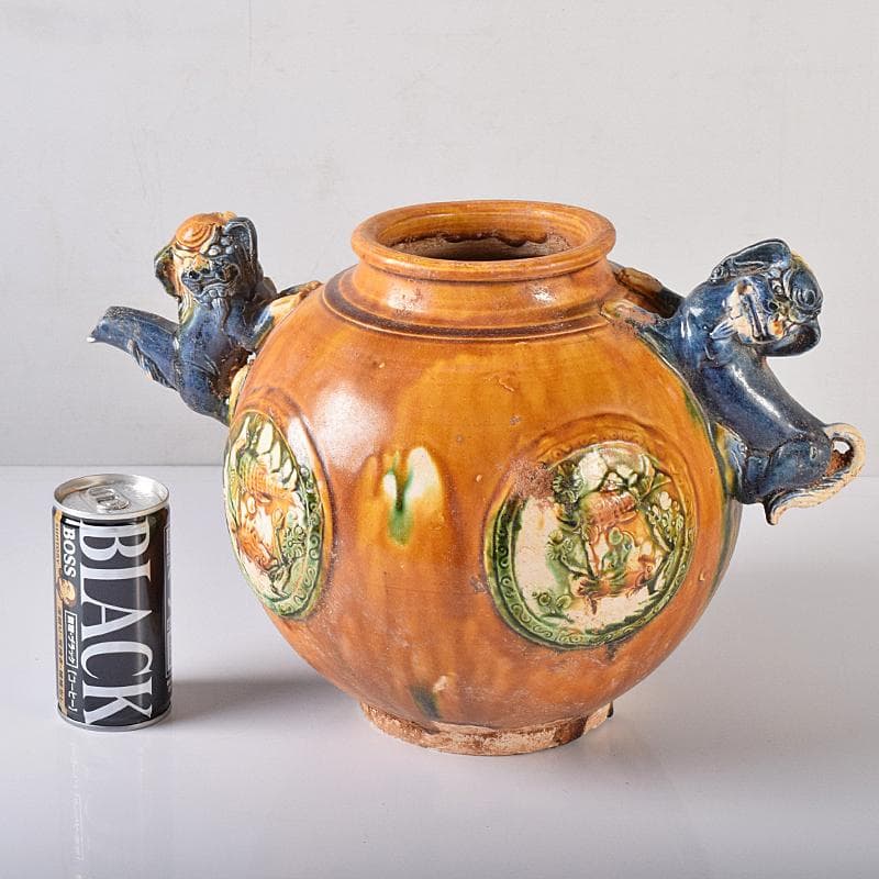 中国　唐三彩　獅子取手　獅子口　執壷　水注　V　R8340B