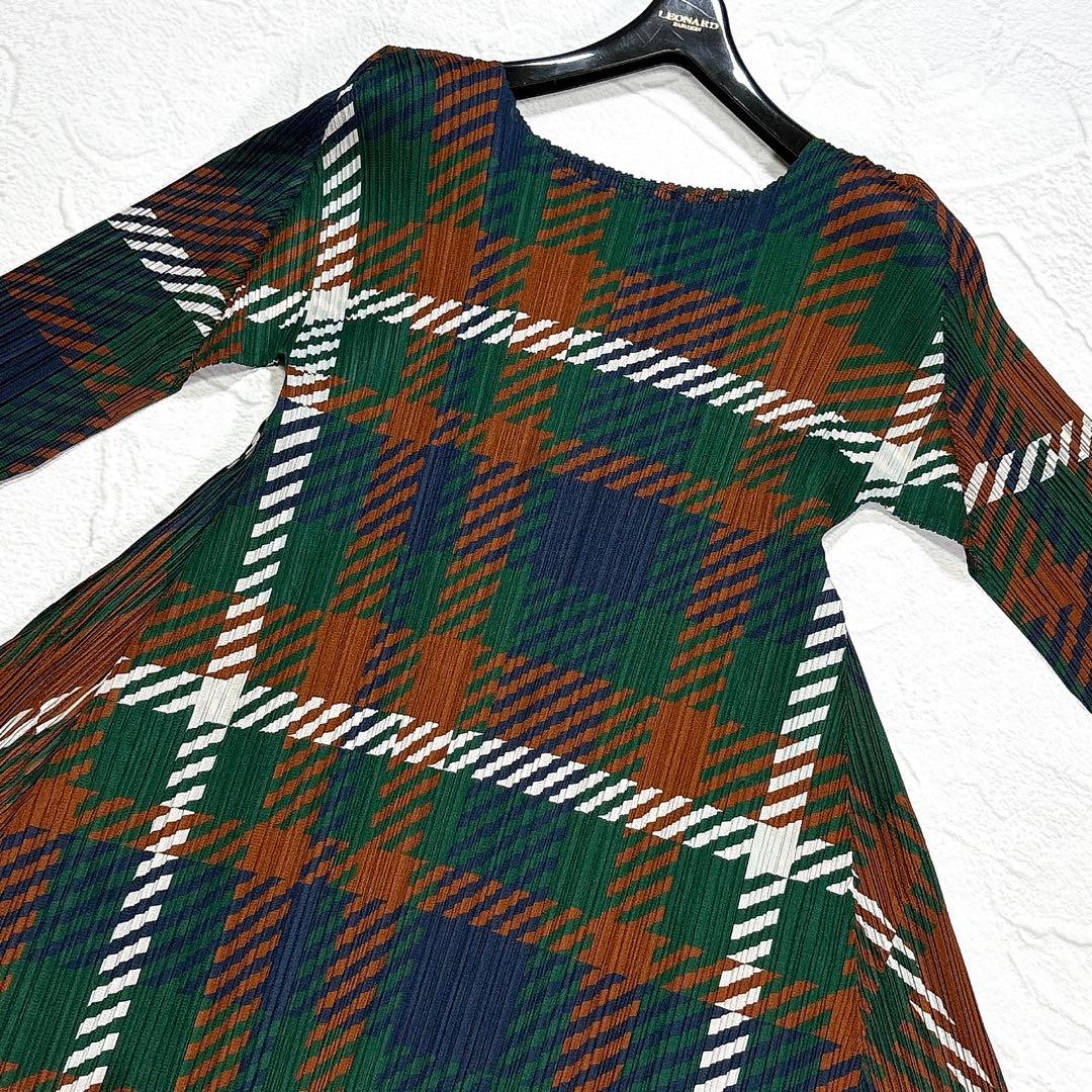 ✨美品✨プリーツプリーズ　ワンピース　チュニック　チェック　Aライン　七分袖