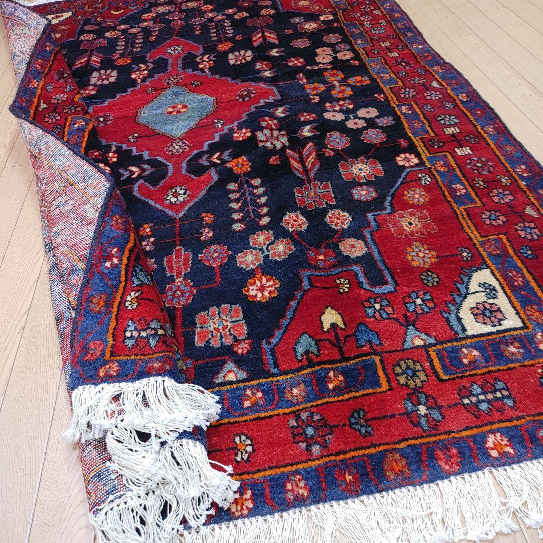 ペルシャ絨毯 205x135 手織り 美術品 草木染 ハマダン産クリーニング済み