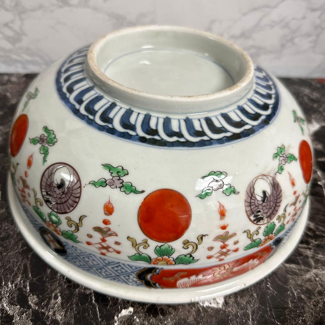 古伊万里、染錦、花鳥図、赤玉、中鉢。