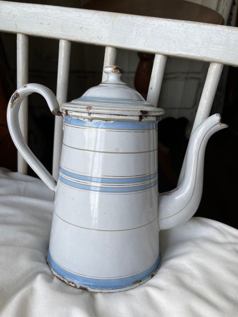 Kアンティーク　ホーロー　ポット　エトワール社　ライトブルー　ホワイト