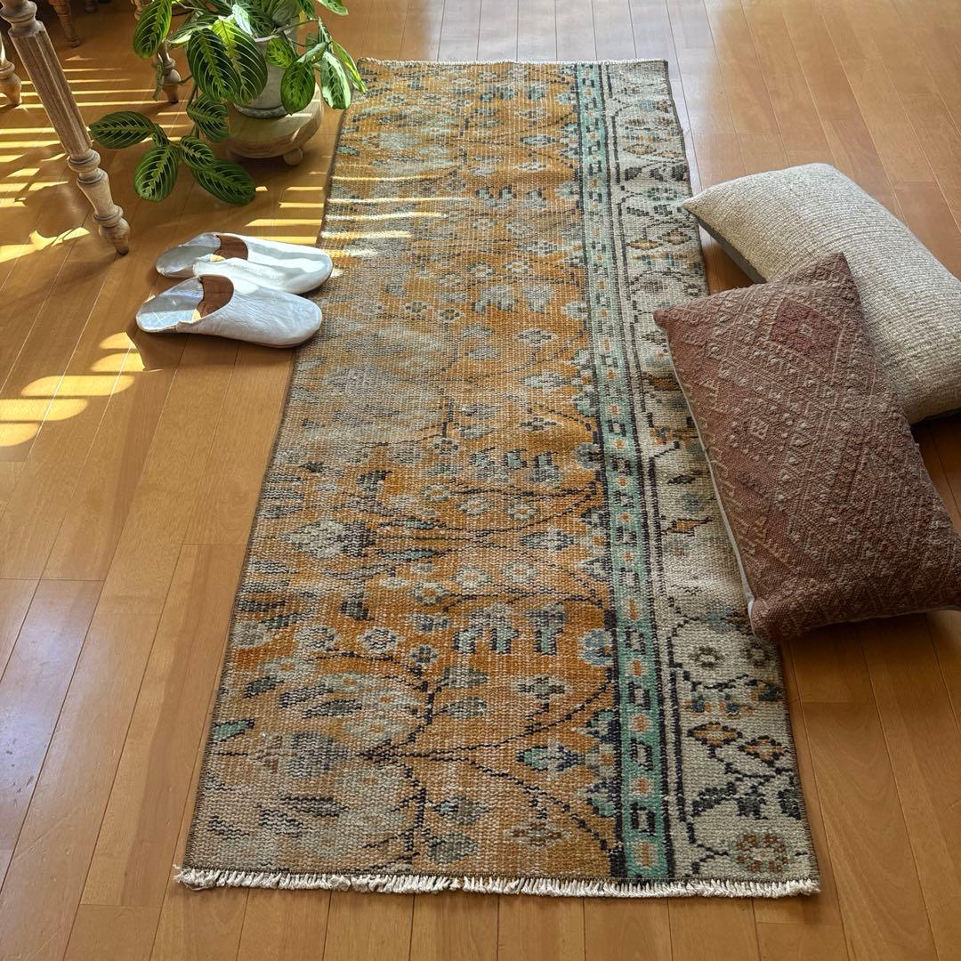 59×147オレンジボタニカル　擦れ　ランナー　トルコヴィンテージラグ