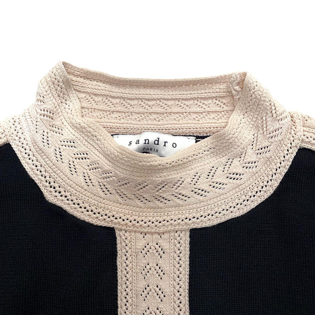 サンドロ　ニットワンピース　バイカラー　レース ブラック　アイボリー　Sサイズ