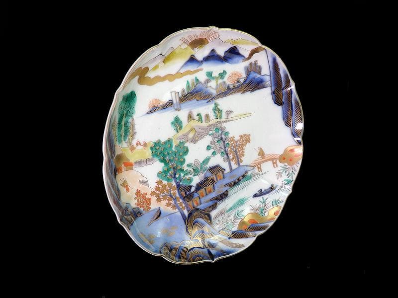 古伊万里　色絵　朝日に山水の図　7寸半皿　B295A-CQc