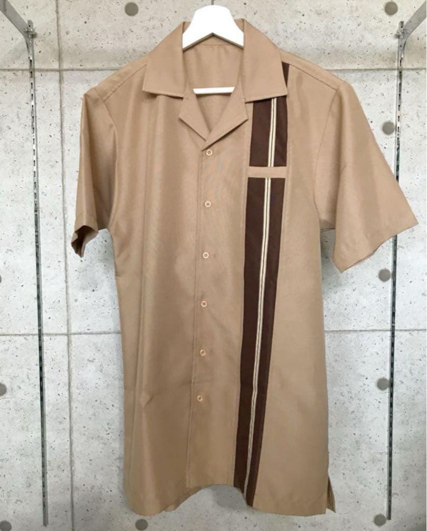 グリーンスパンズ　ベージュ ストライプ 半袖シャツ