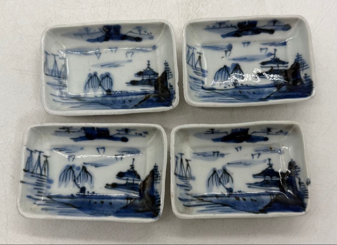 江戸　伊万里　染付山水紋角皿4点　送料込み251220