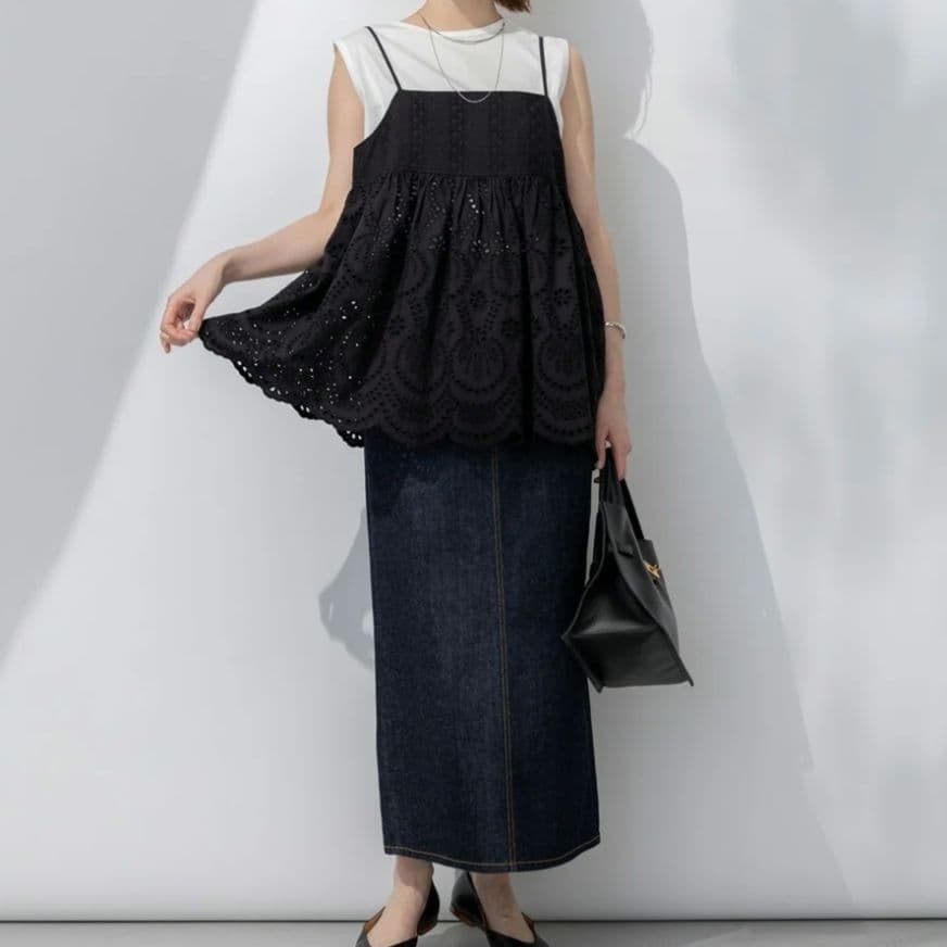 新品 23区【洗える】コットンエンブロイダリー キャミソール 44 ブラック系