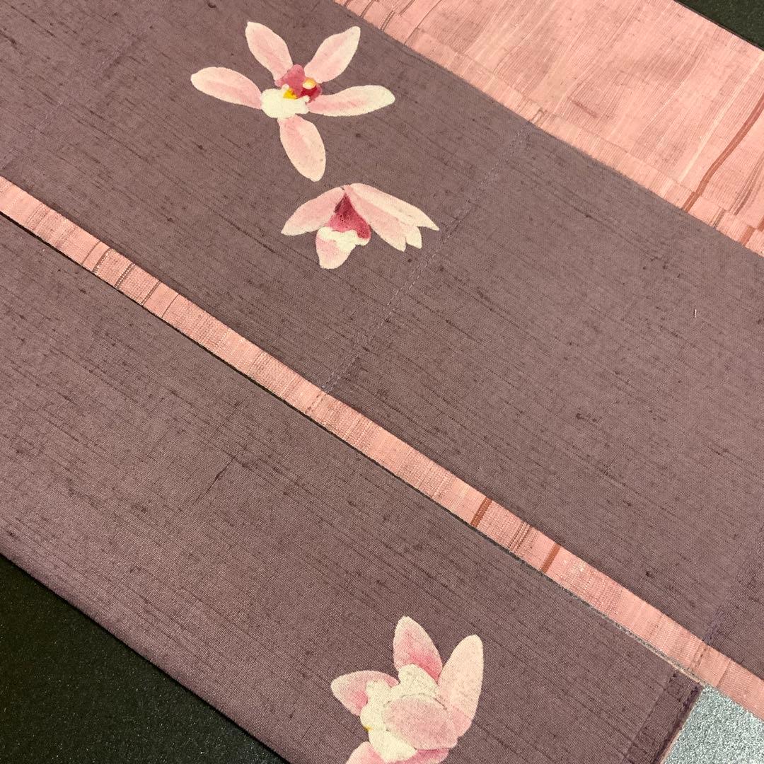 海老染色の紬　蘭のお花　リメイク　山葡萄ハンドルバッグ