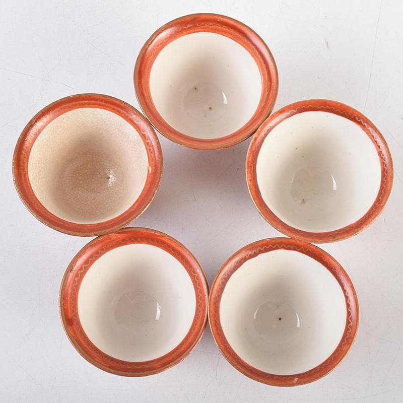 九谷焼　古九谷　赤絵金彩　人物花文　煎茶碗　五客　時代箱付　U　R9306