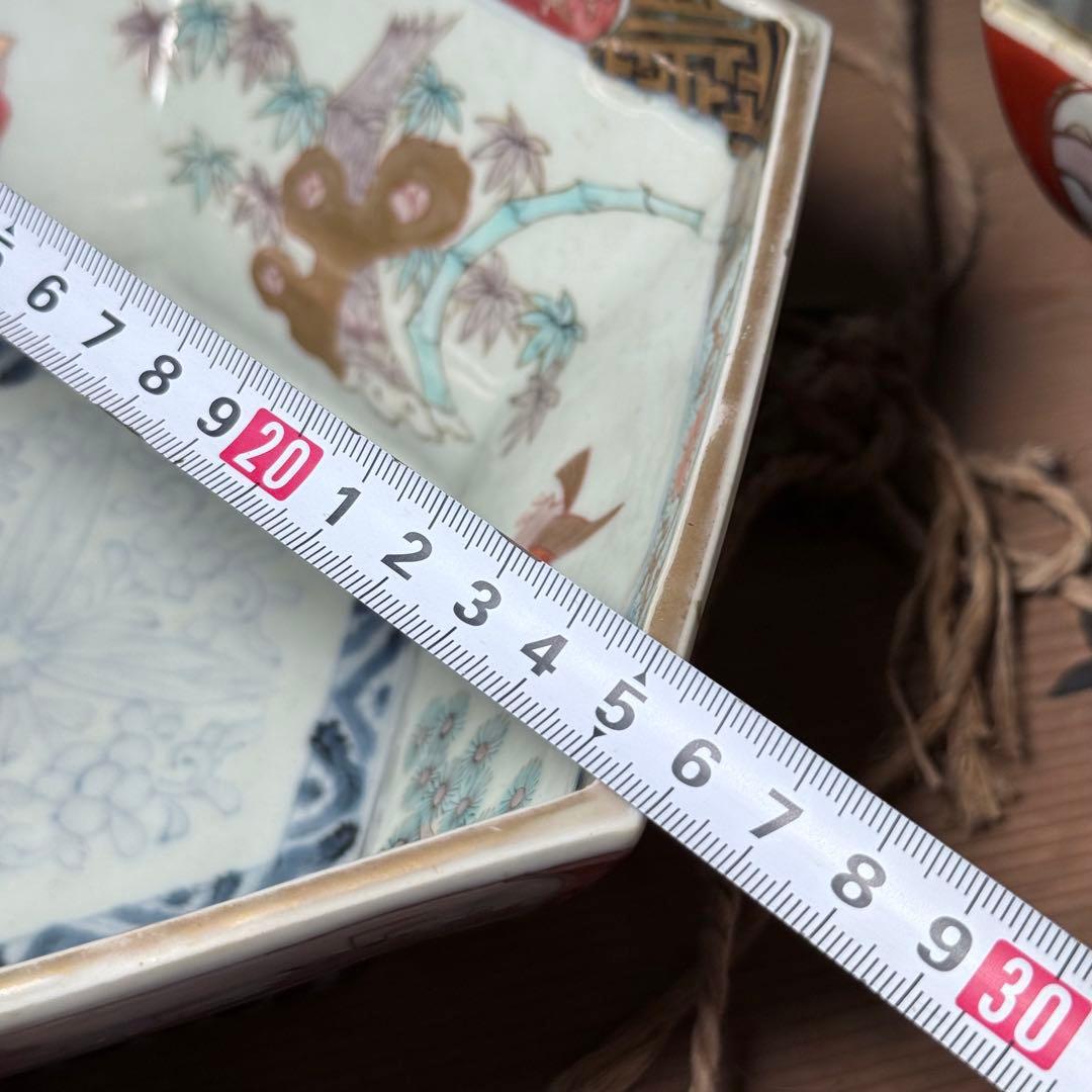 江戸後期〜明治時代　色絵松竹梅鳥賢人図六角鉢　共箱　古美術　豪商旧蔵品