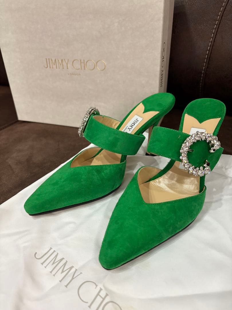 未使用JIMMY CHOOジミーチュウMARTA緑クリスタルミュールサンダル36